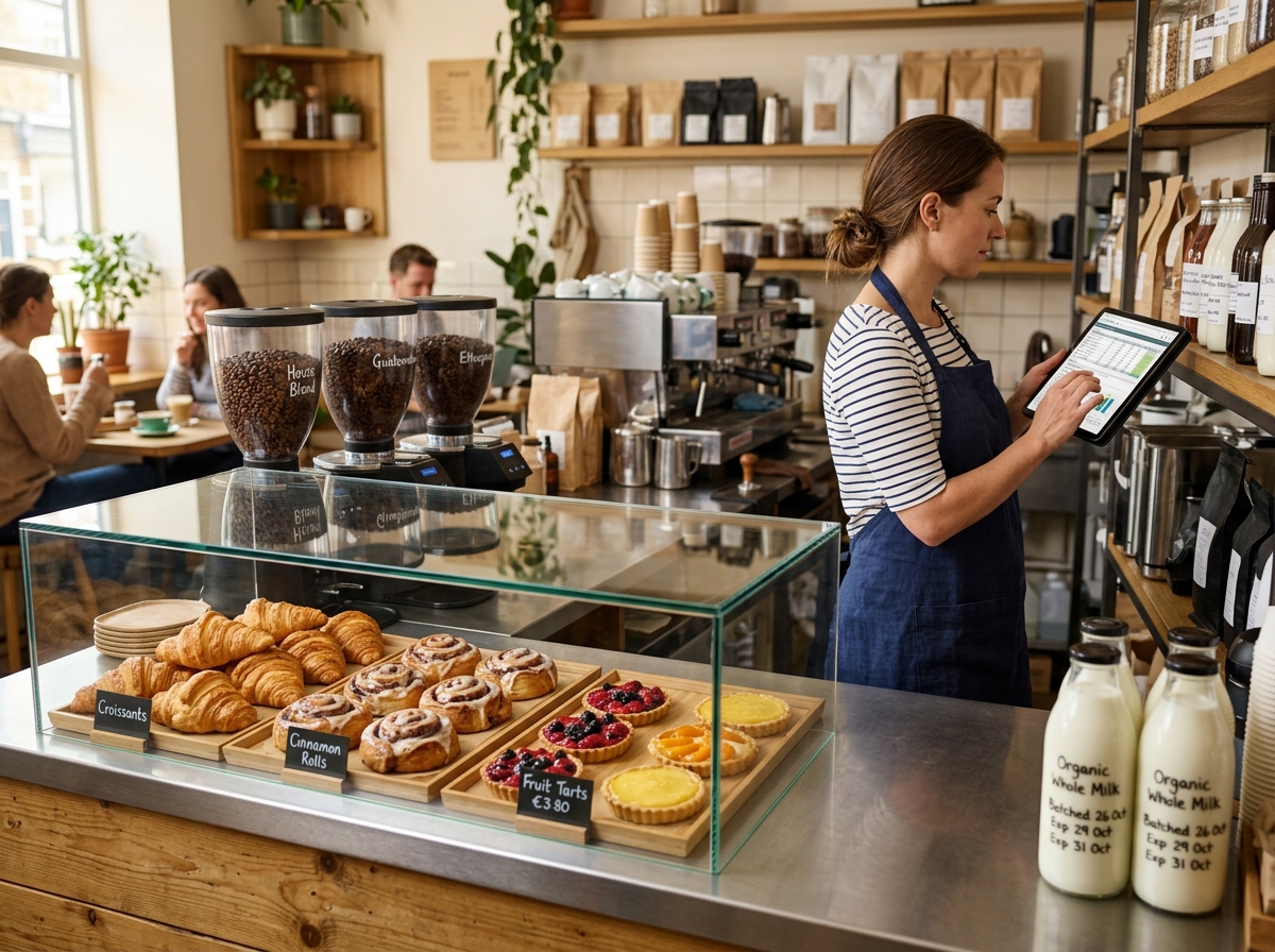 Artisan baker checking fresh batch inventory and pastry showcase