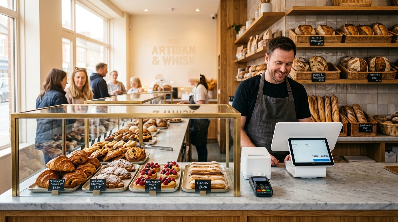 Artisan bakery counter with fresh croissants, sourdough breads, tarts and modern touch POS register