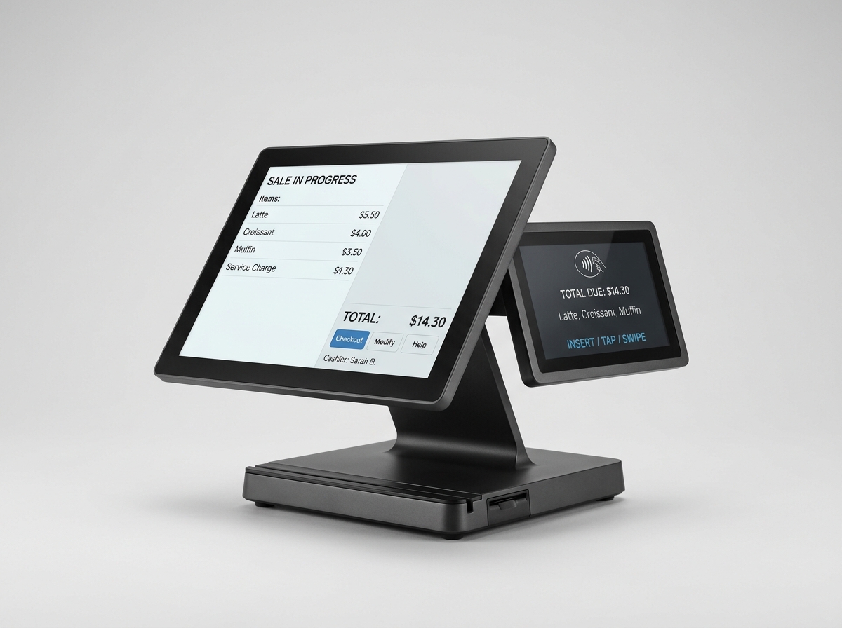 Modern dual-screen touch POS register with pastry checkout
