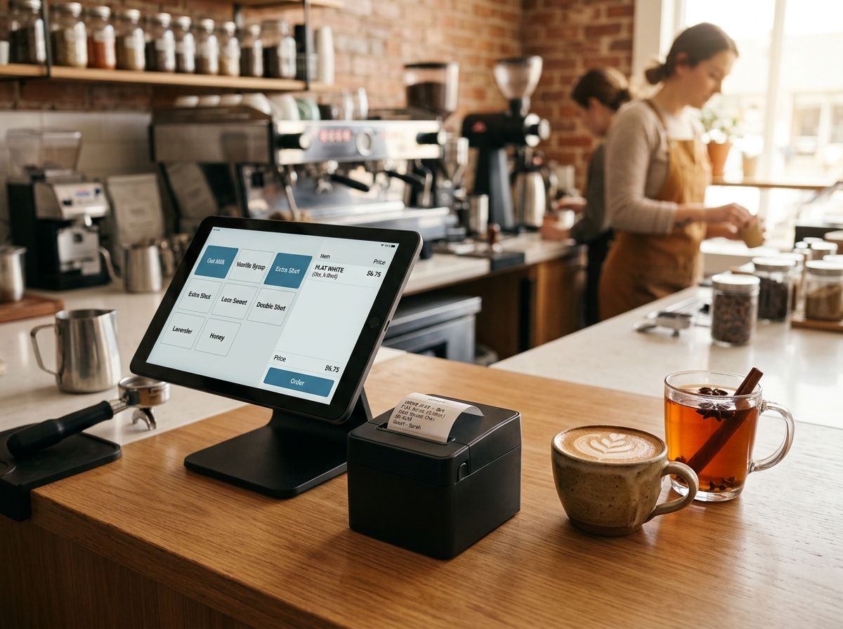 Real Cafe POS counter with barista and touch ordering