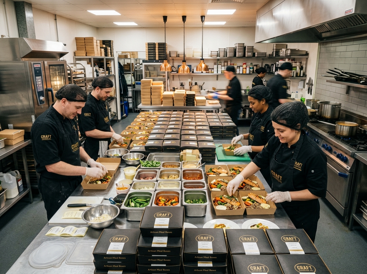 Commercial central kitchen batch catering prep, raw ingredients, and branded box inventory