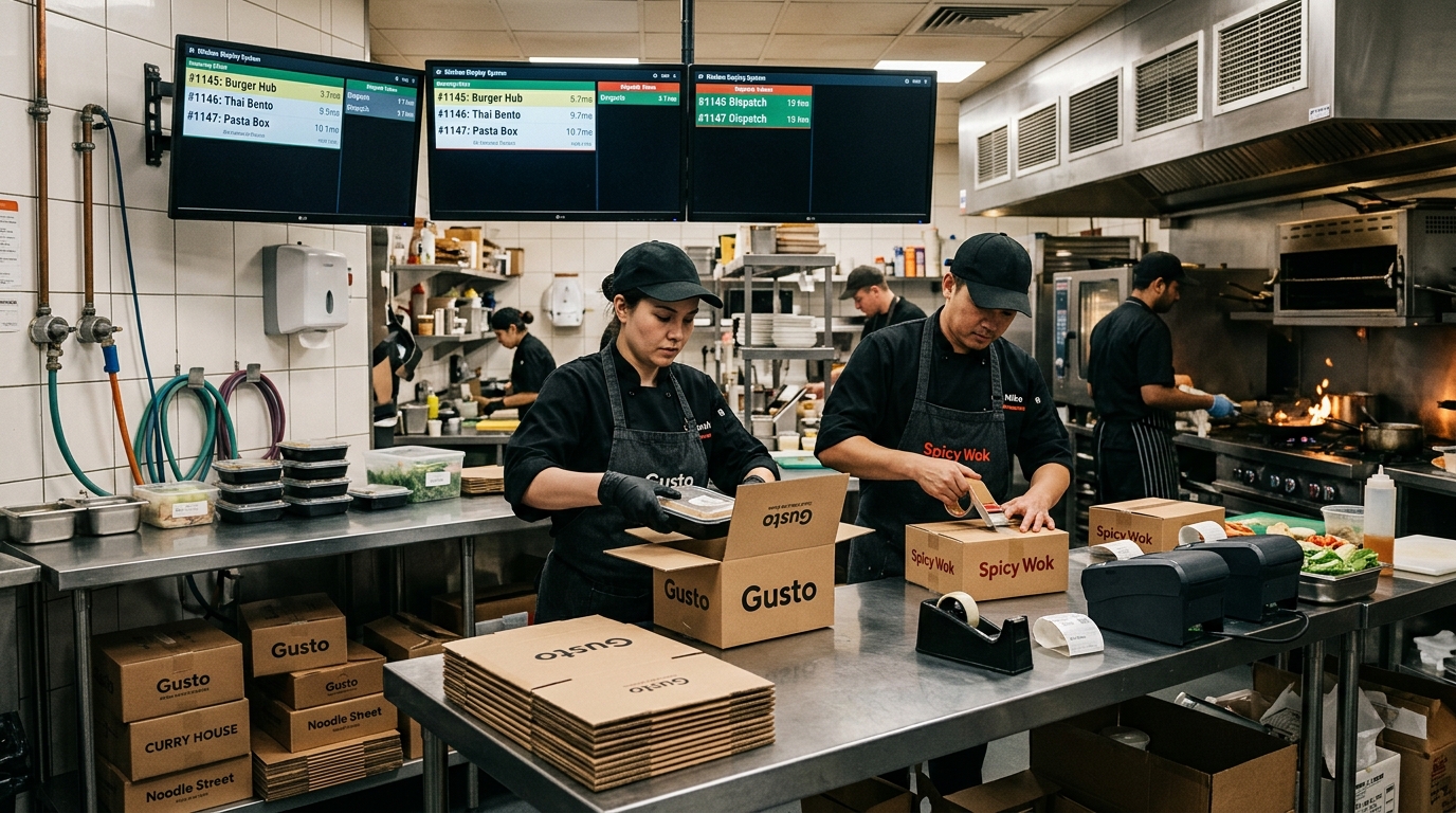 Authentic commercial cloud kitchen production line with chefs plating multi-brand boxes and dual-screen KDS