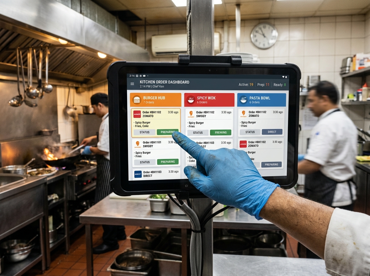 Unified multi-brand touchscreen POS terminal in a commercial cloud kitchen