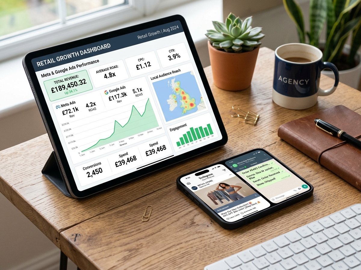Digital Marketing Growth Dashboard with Meta Ads, Google Ads and WhatsApp Commerce