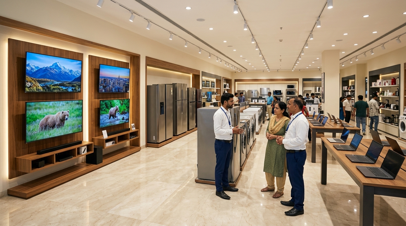 Modern Indian consumer electronics showroom with Smart TVs, refrigerators and laptops