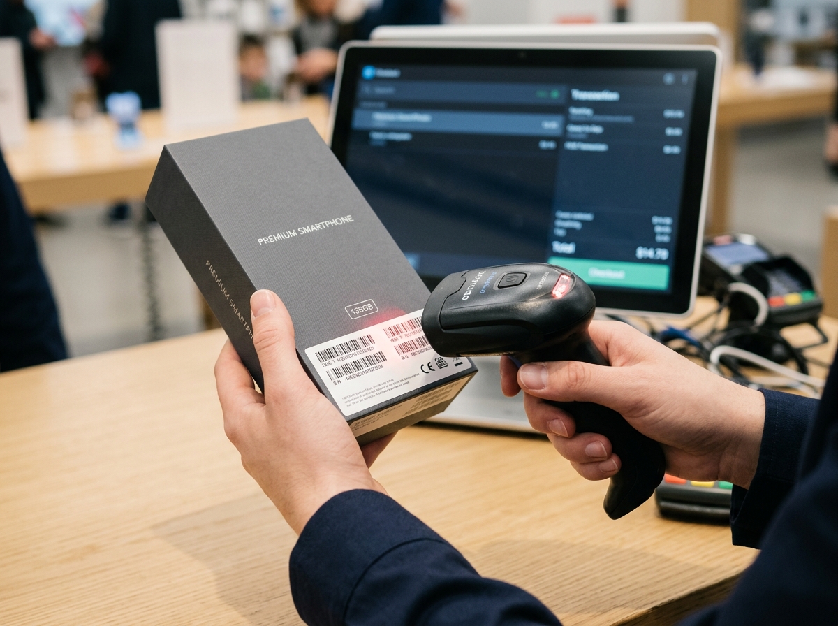 Real Mobile store counter scanning IMEI barcode