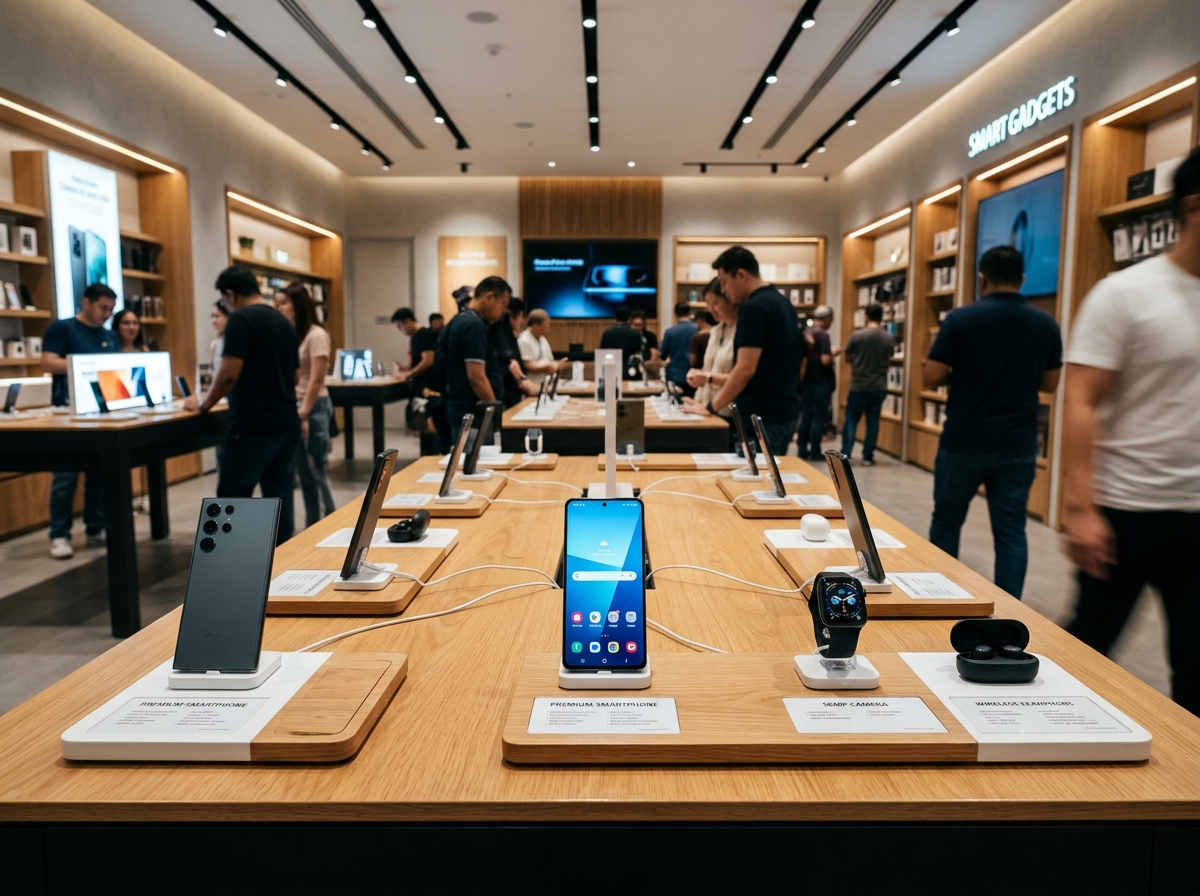 Premium electronics products on display pedestals with flagship smartphones, smartwatches, and gadgets