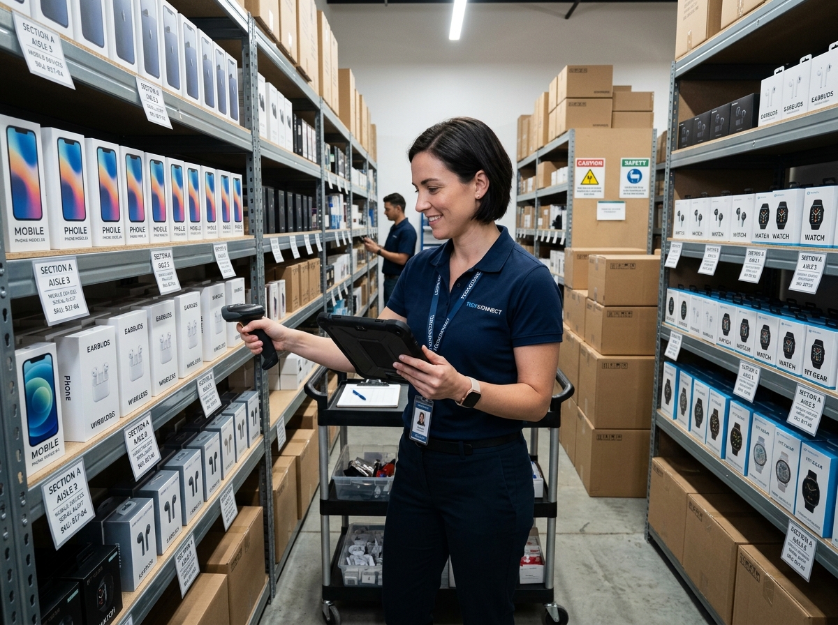 Store manager conducting digital serialized inventory audit for electronics and home appliances