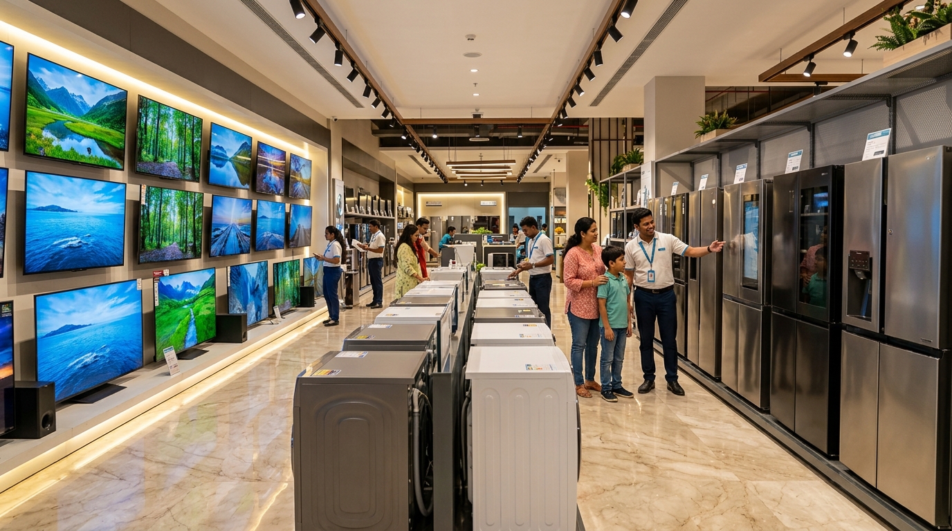 Indian customer family consulting with showroom advisor in consumer electronics and home appliances store