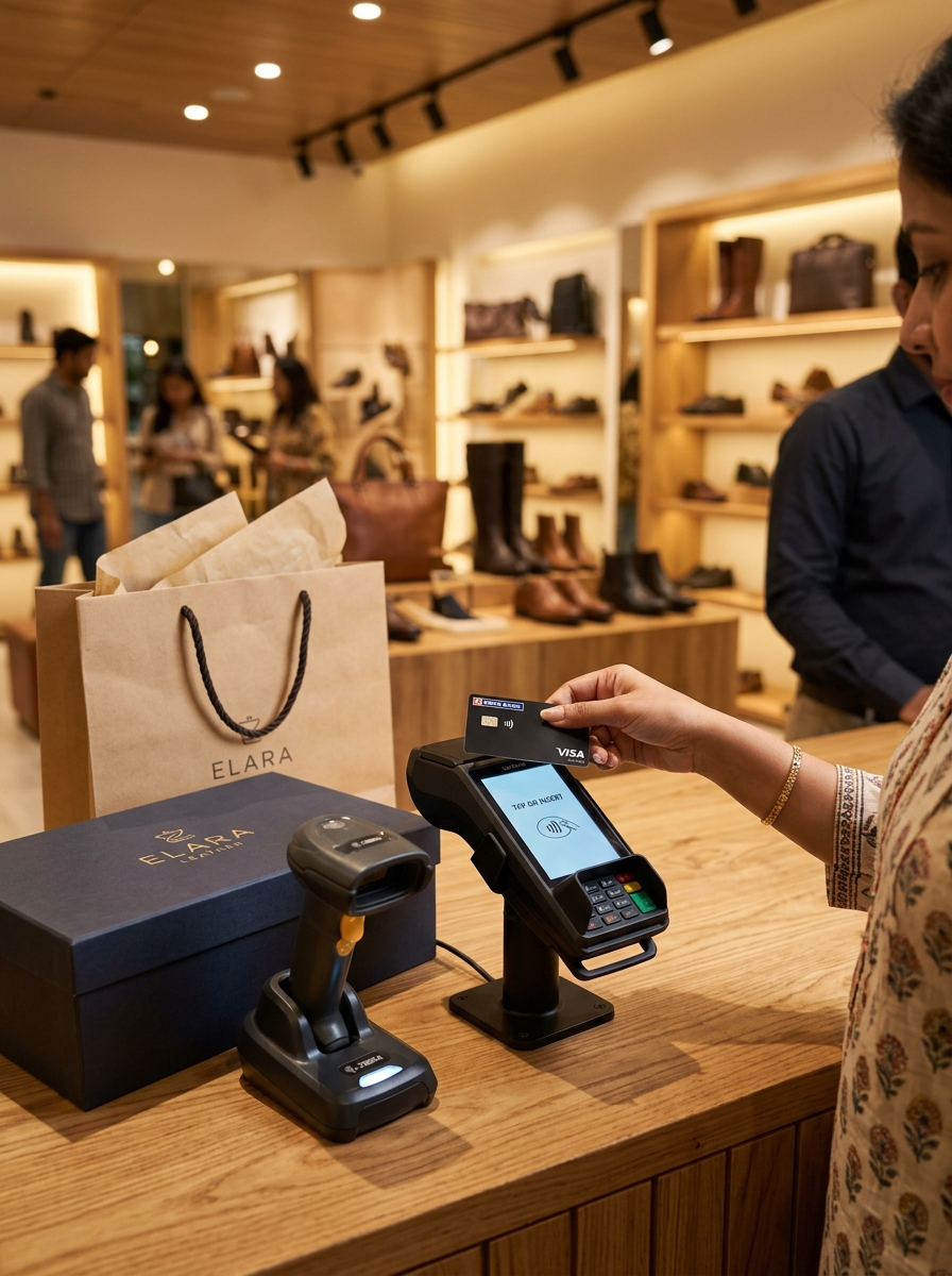 Customer tapping contactless payment card on POS terminal at footwear showroom checkout counter