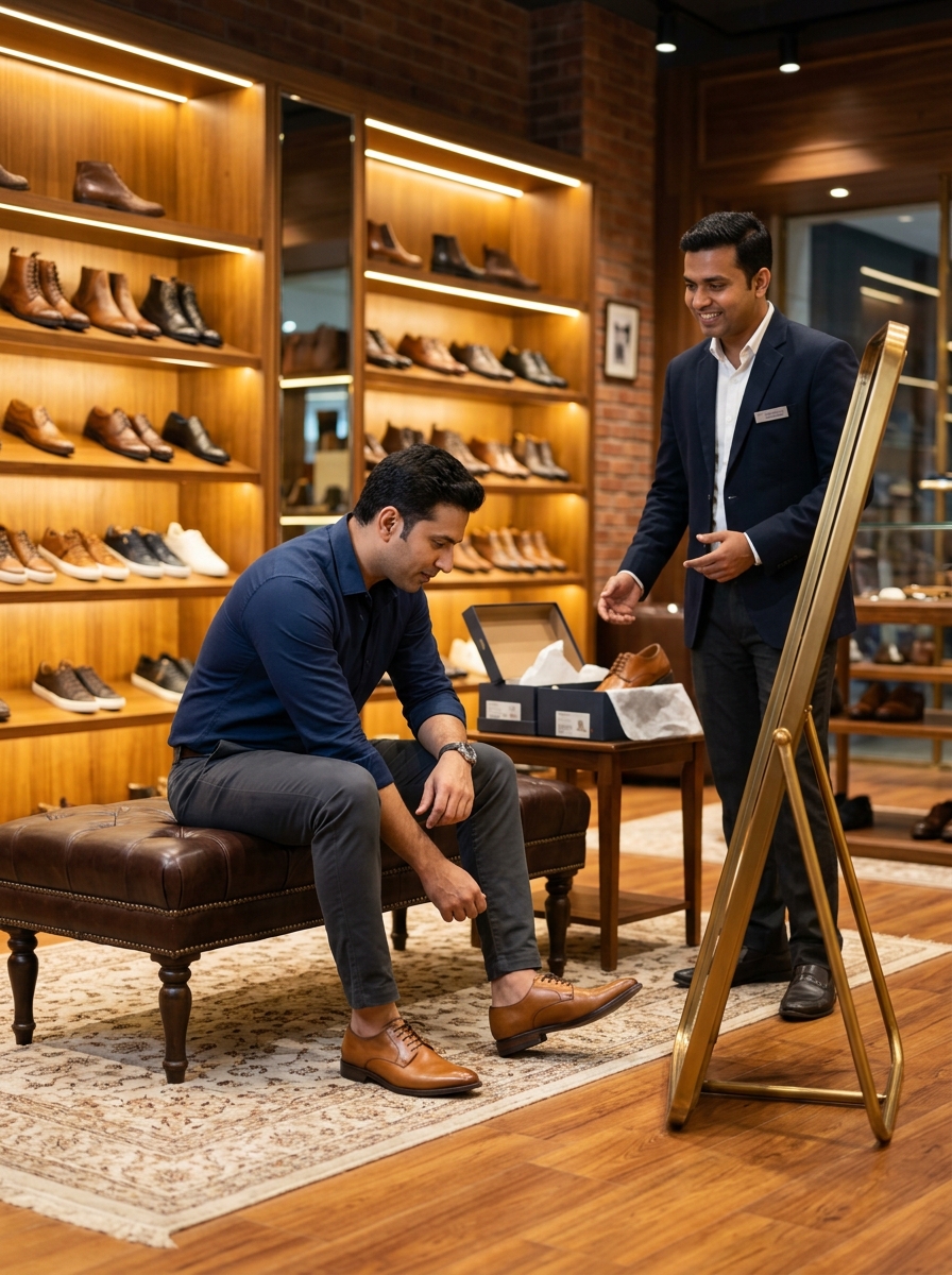 Indian customer trying on leather shoes on trial bench in front of mirror with attentive store assistant in boutique