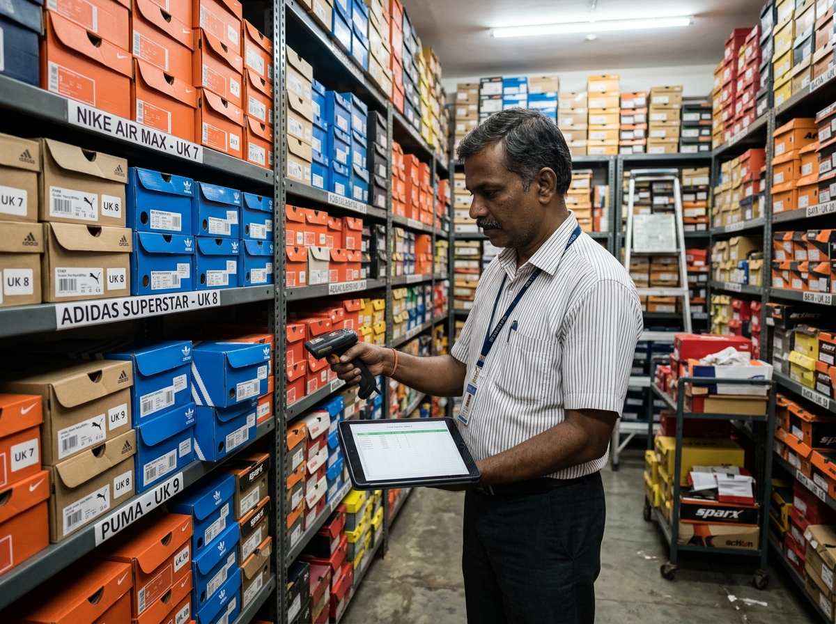 Footwear store manager conducting stock audit in shoe warehouse backroom with digital tablet