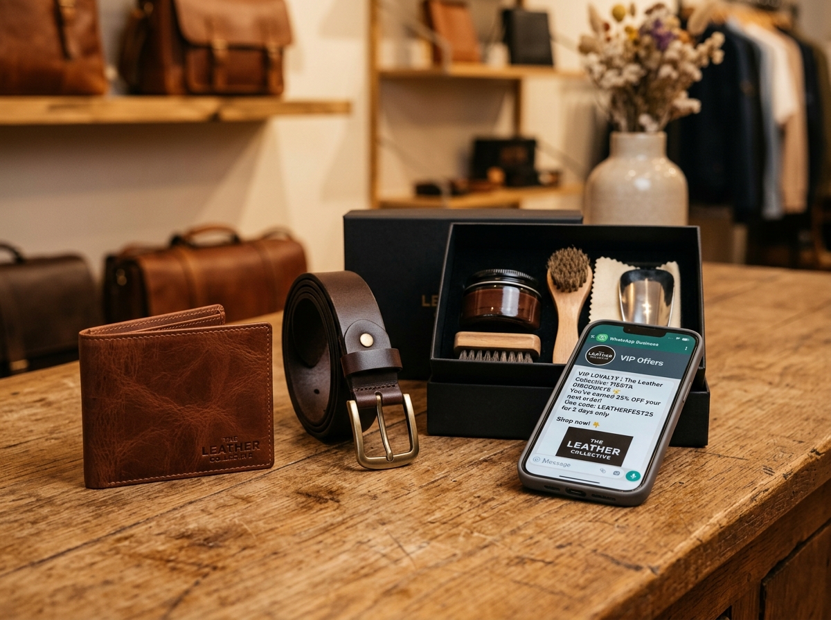 Premium leather wallet, belt, and shoe care kit on counter with VIP WhatsApp loyalty reward message