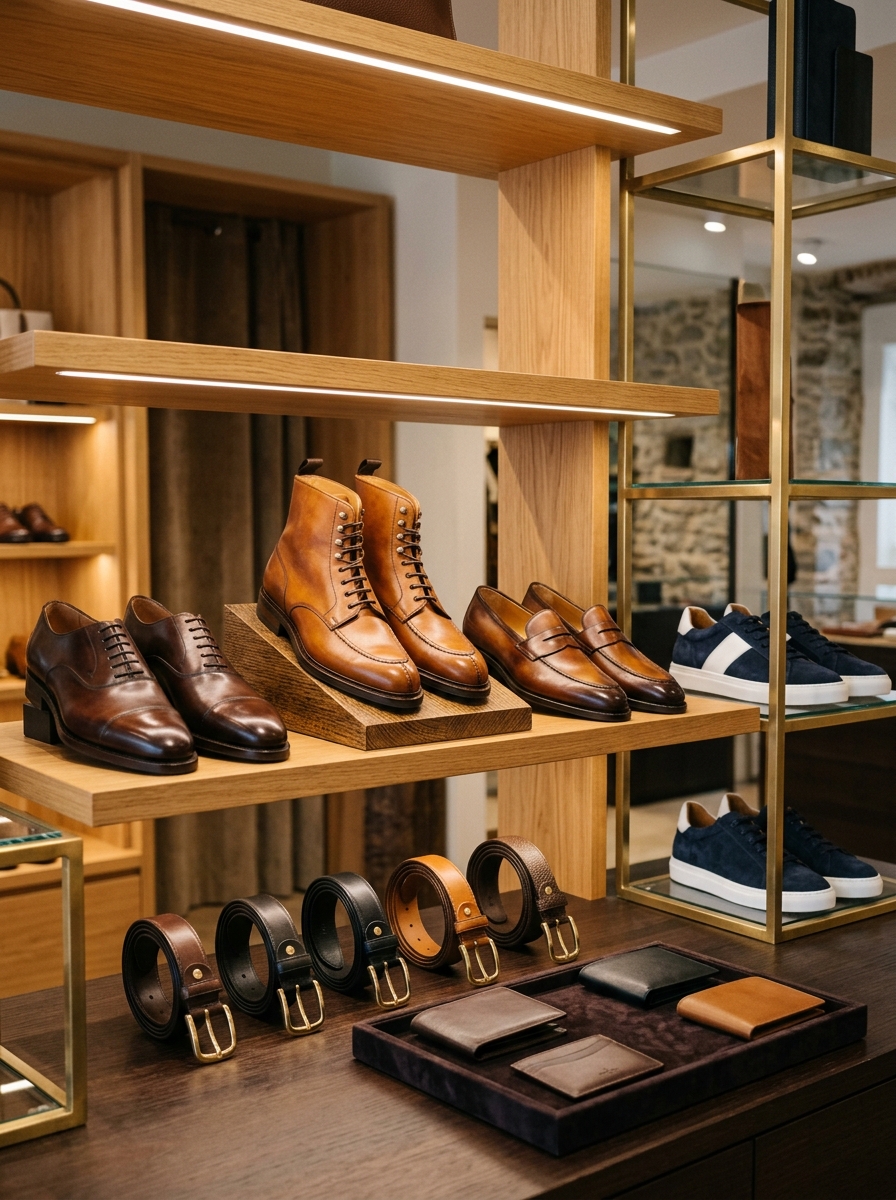 Handcrafted leather shoes, boots, sneakers, belts, and wallets displayed on luxury boutique shelves