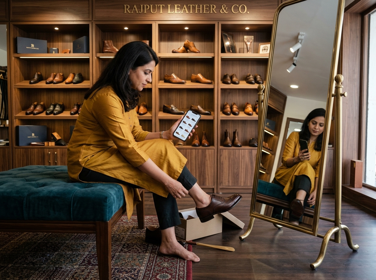 Customer trying on handcrafted leather shoes with smartphone online catalog in boutique