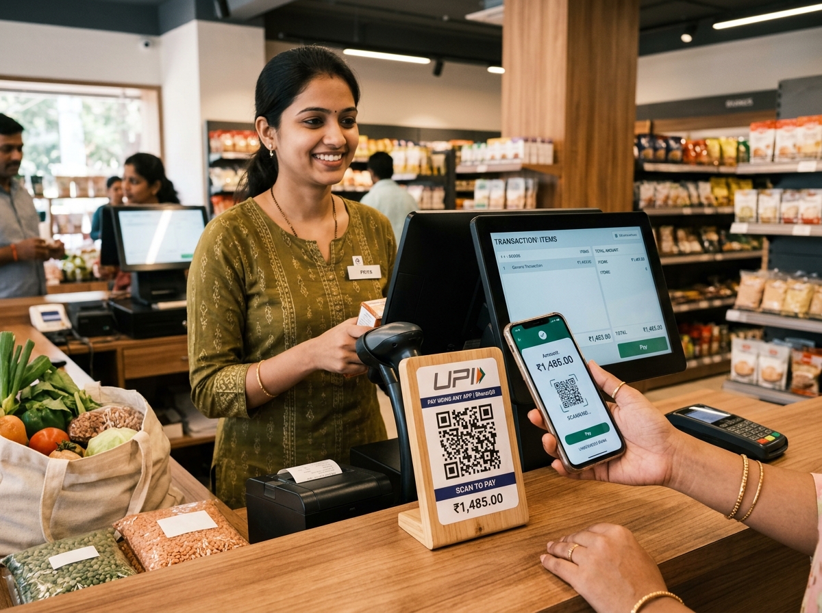 Real Supermarket cashier counter with barcode scanner and UPI QR