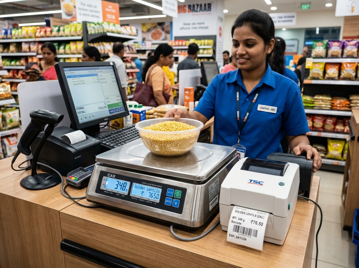 Certified electronic weighing scale integrated with supermarket POS for loose dal and grains