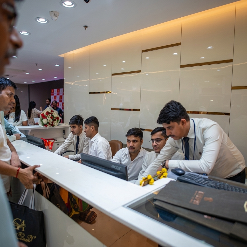 Indian jewellery showroom billing and cashier counter with staff in formal attire attending to customers, operating billing computers and POS terminals