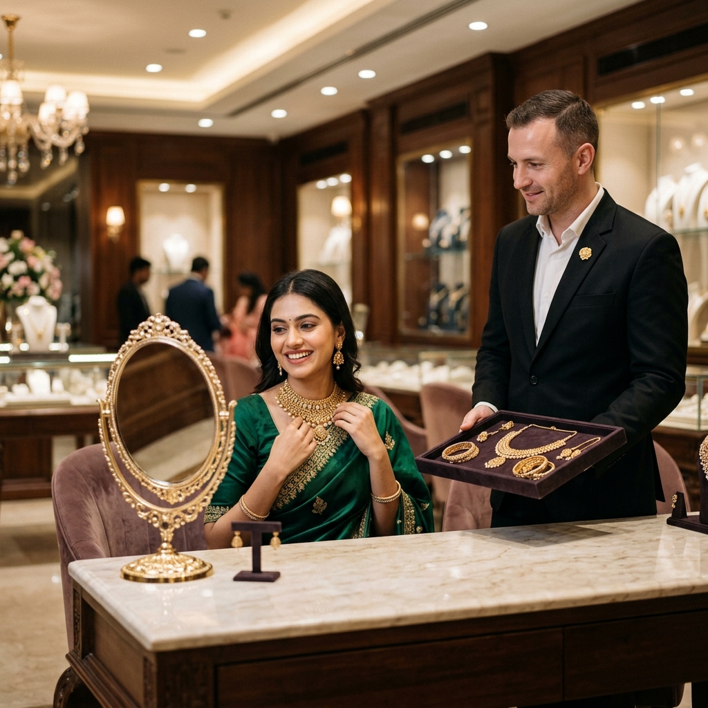 Indian customer trying on handcrafted gold necklace in showroom mirror with attentive jewellery consultant