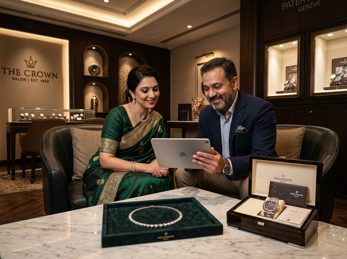 Bridal gold and diamond jewellery digital lookbook on tablet in boutique