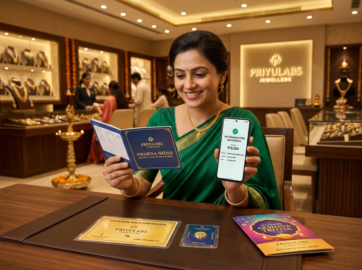 Gold coins and monthly gold savings passbook with festive accents