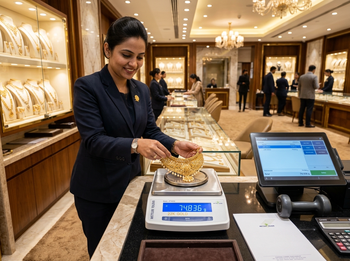Real jewellery showroom counter with precision bullion scale
