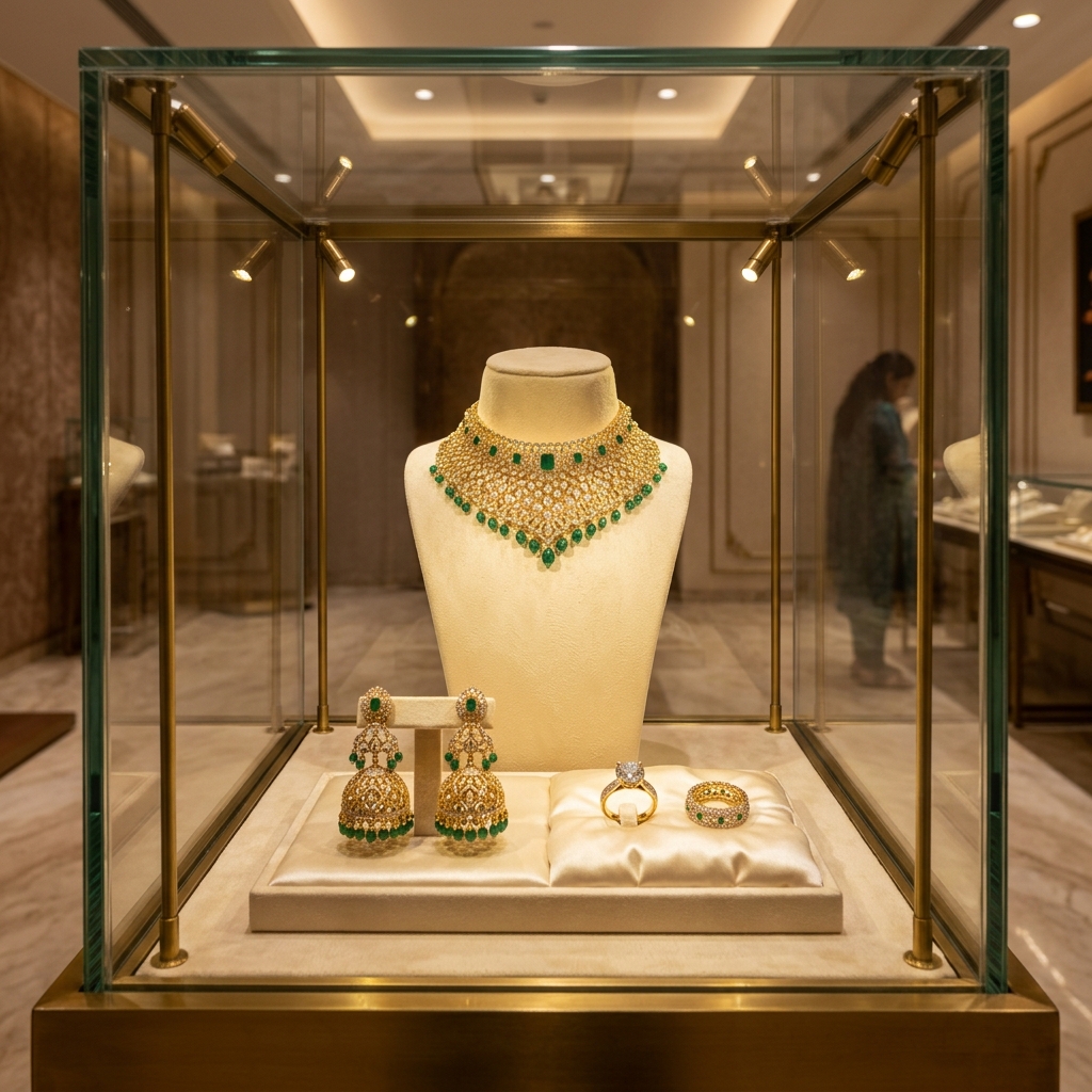 Luxury gold and diamond necklace, jhumkas, and rings displayed in illuminated jewellery showroom glass vitrine