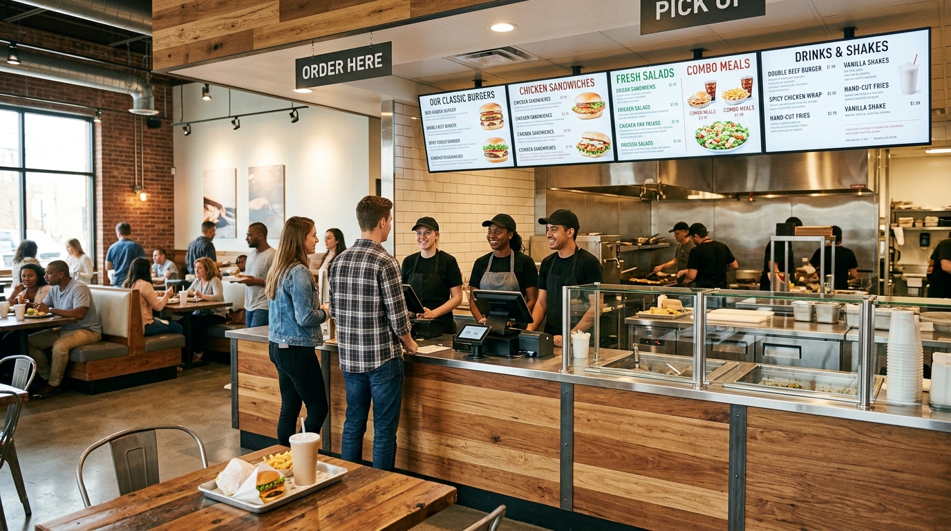 Modern fast-food QSR ordering counter and digital menu displays