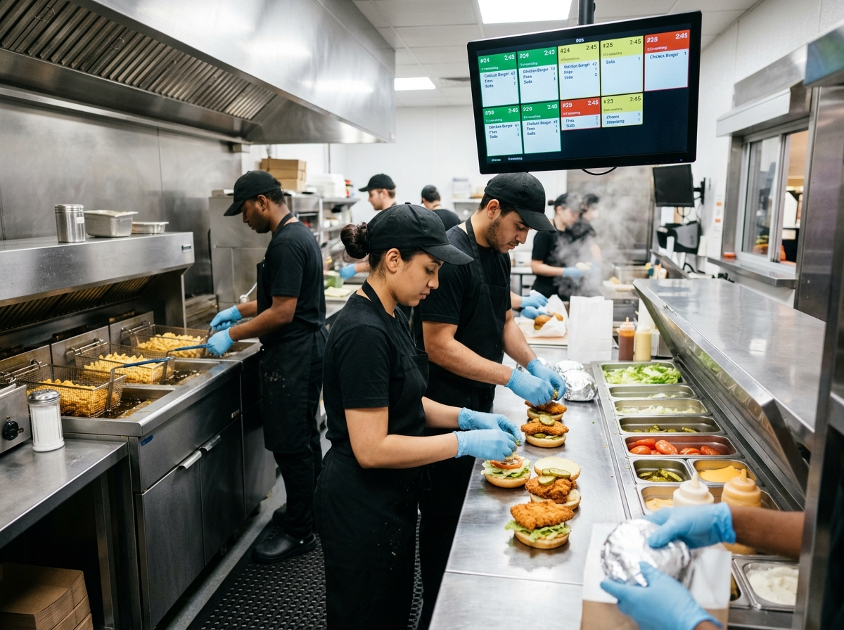 Live Kitchen Display System KDS and fast-food burger prep assembly line
