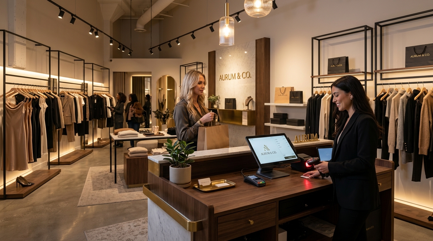 Modern boutique checkout counter with touch POS screen and card terminal