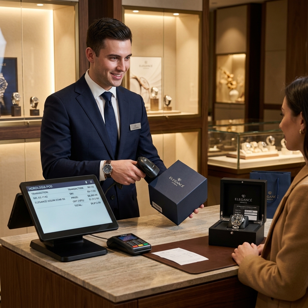Watch boutique cashier scanning box barcode with laser scanner at checkout counter with serialized POS monitor and leather watch box
