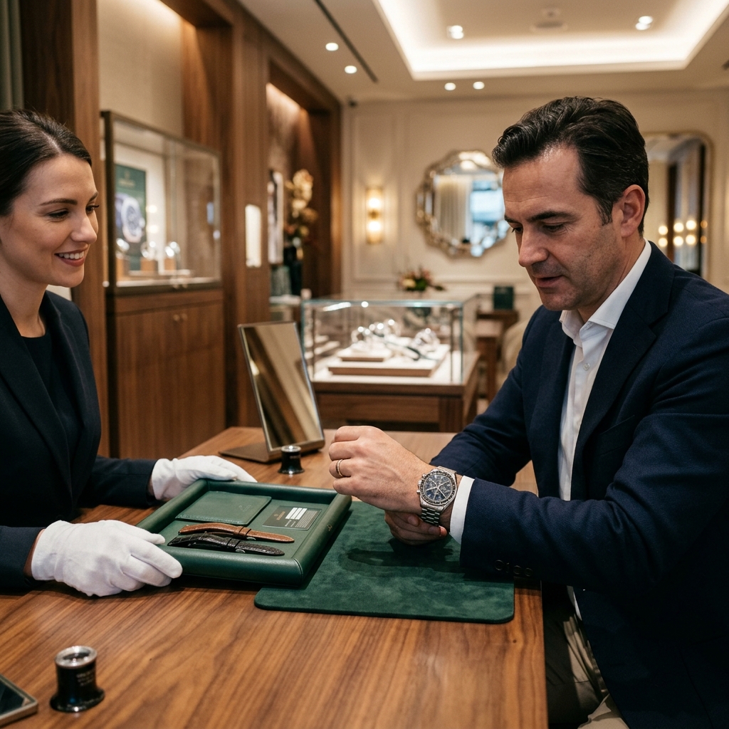 Customer trying on luxury stainless steel chronograph on leather watch presentation tray with boutique horology specialist wearing white gloves
