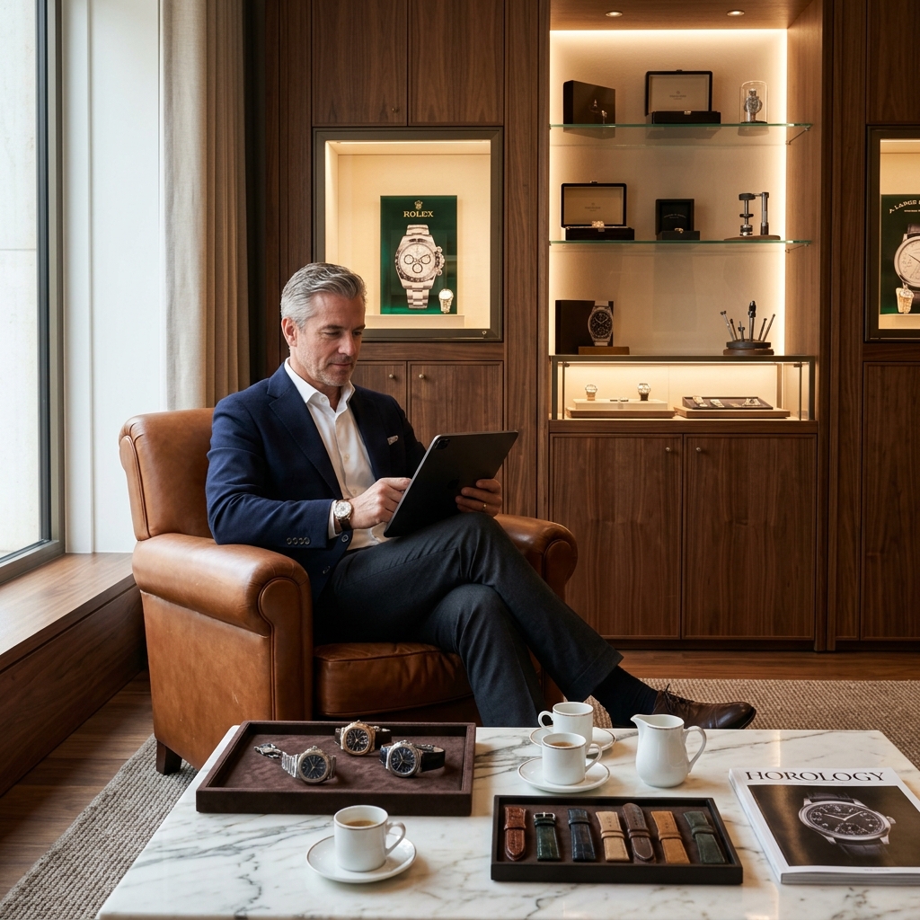 Customer using interactive digital watch catalog tablet in private horology viewing salon