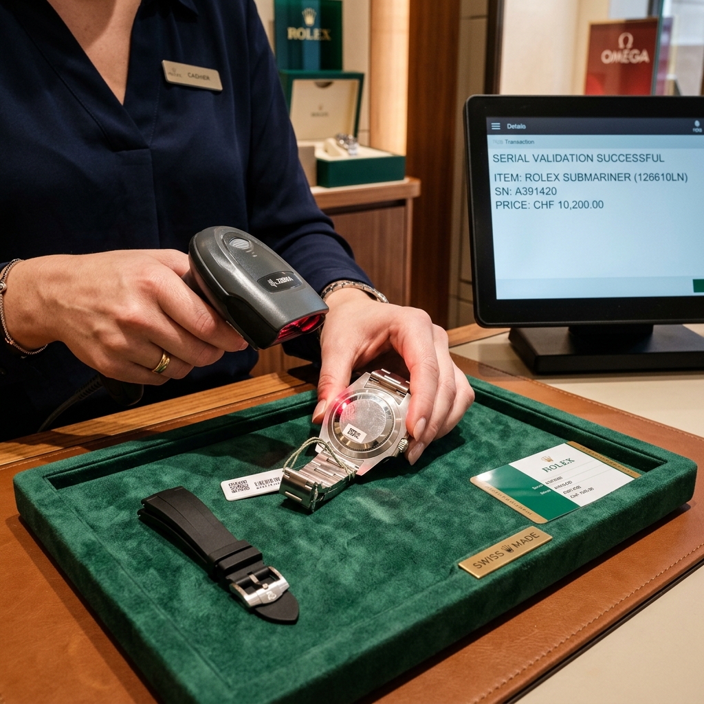 Cashier using 2D barcode scanner to scan serialized watch caseback and warranty card