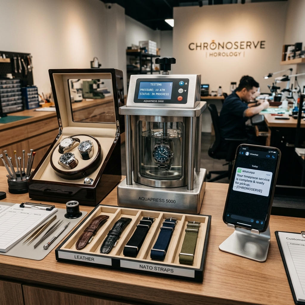 Watch service desk with pressure testing chamber, replacement straps, and WhatsApp completion alert