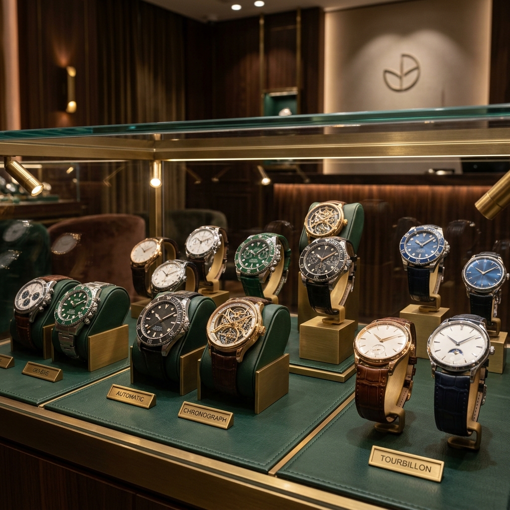 Luxury Swiss automatic chronographs and timepieces displayed on green leather and brass stands inside an illuminated watch showcase
