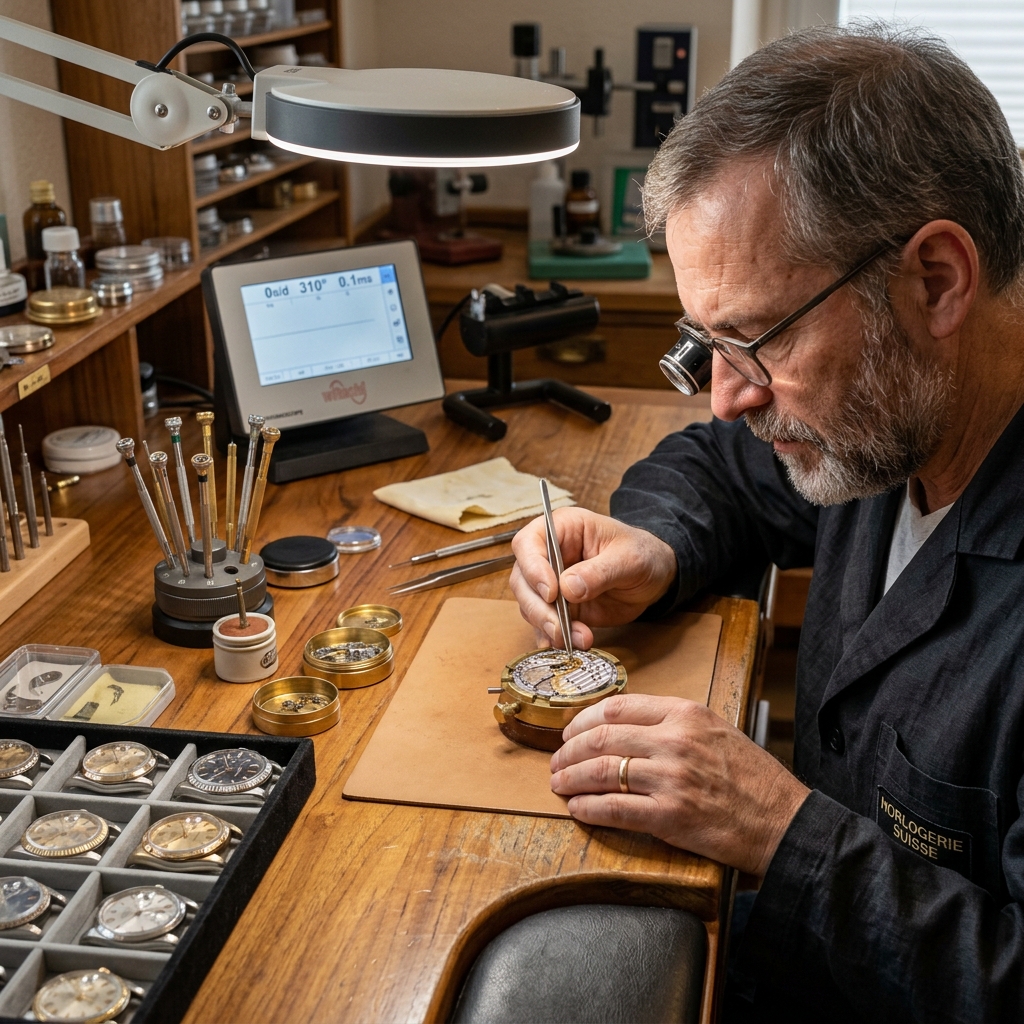 Master watchmaker inspecting automatic movement with loupe at horology workbench